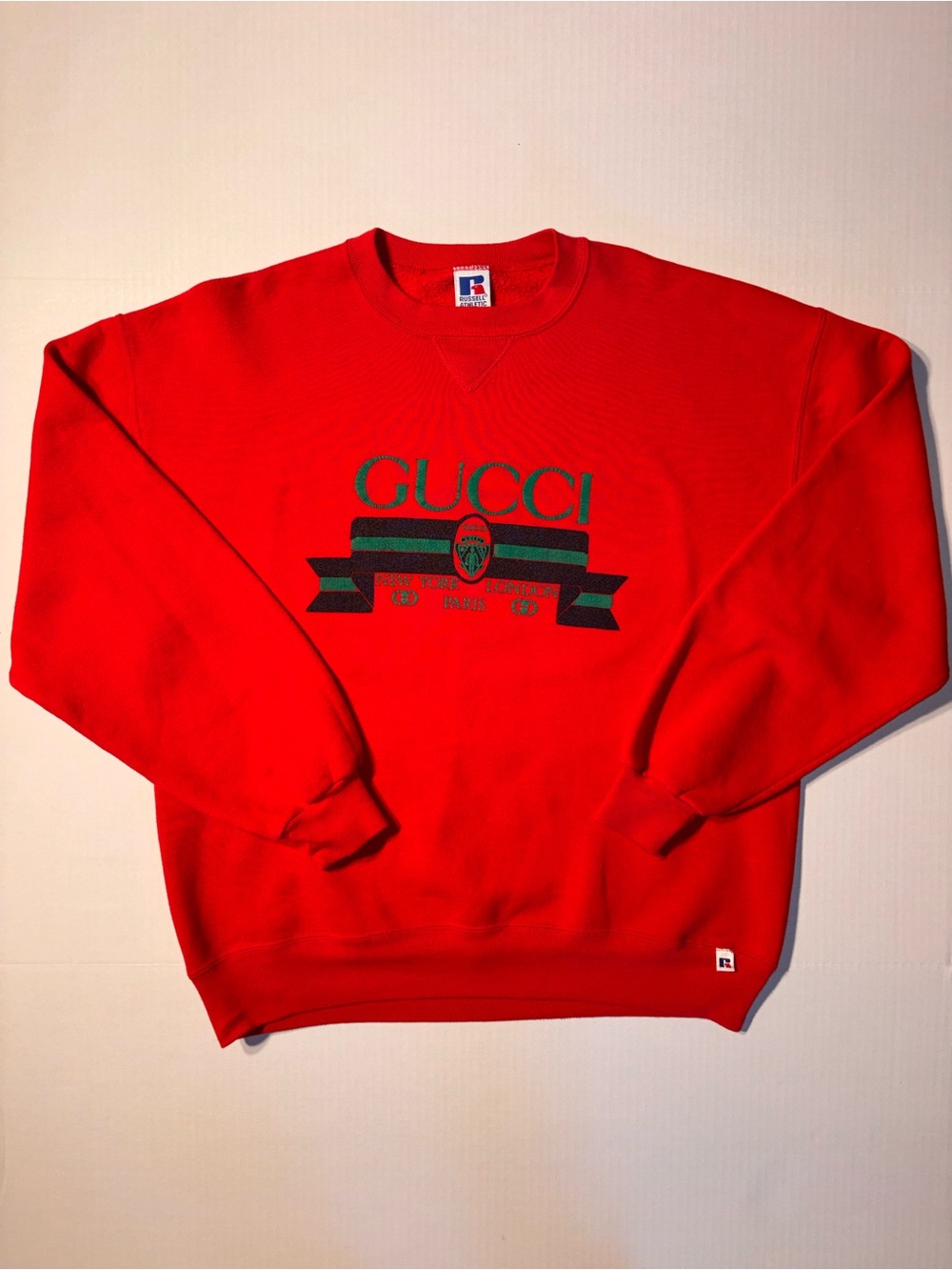 Vtg Russell Athletic Bootleg Gucci Logo 90’s USA Pullover Crewneck Sweatshirt XL
